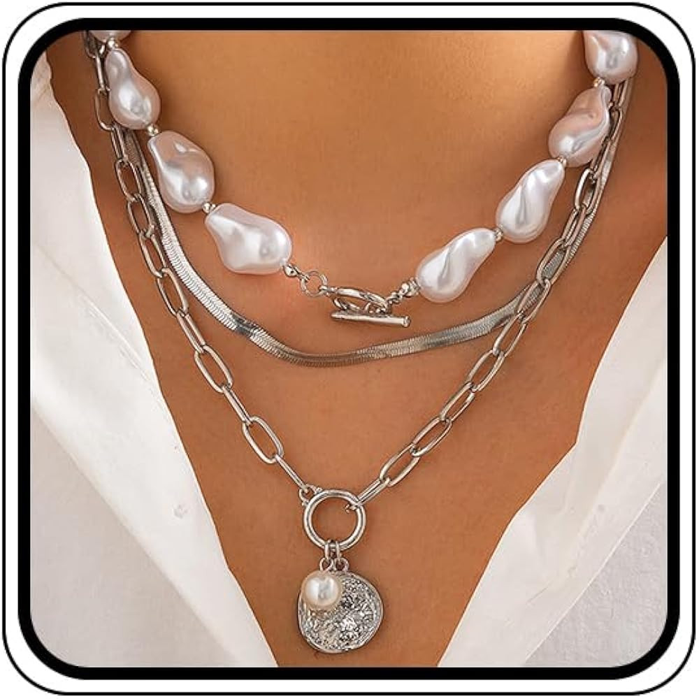 Chunky Stack Pearl Pendant Necklaces for Women Fashion Layered Baroque Pearls Choker Paperclip Ne... | Amazon (US)