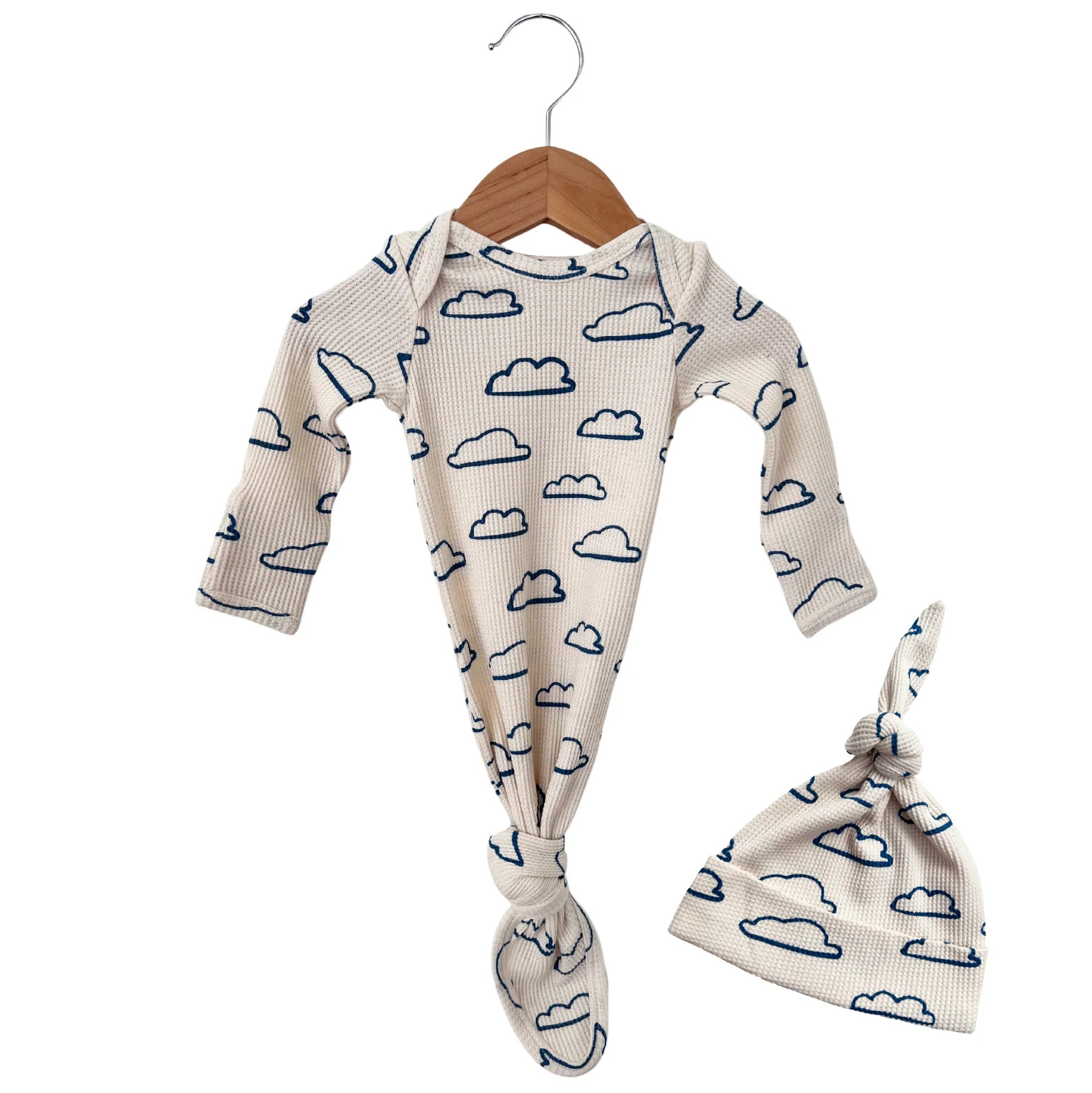 Organic Waffle Knotted Gown & Hat Set, Cloud | SpearmintLOVE
