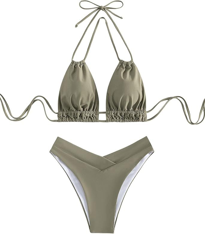 SweatyRocks Women's 2 Piece Bathing Suit Lace Up Halter Triangle Bikini Asymmetrical Waist High C... | Amazon (US)