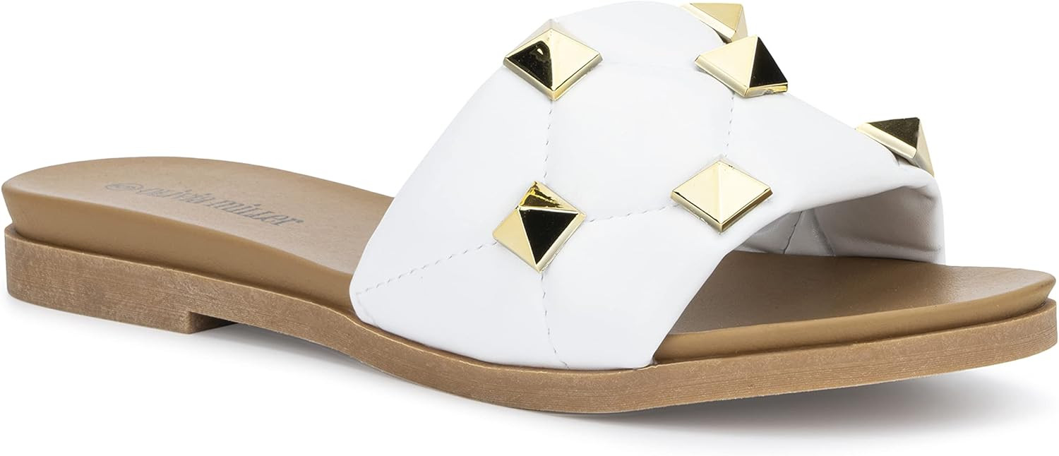 Olivia Miller Women’s Fashion Ladies Shoes, Emma Quilted Gold Studded Wide Strap Single Band Sl... | Amazon (US)