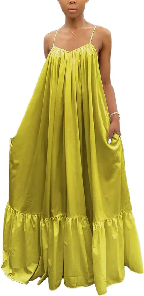 Adogirl Women's Sexy Spaghetti Strap Sleeveless Ruched Ruffle Hem Bandage Oversized Beach Loose L... | Amazon (US)