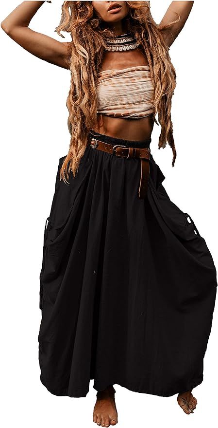 Women's Maxi Boho Skirt with Pockets Bohemian Organic Cotton Hippie Gypsy | Amazon (US)