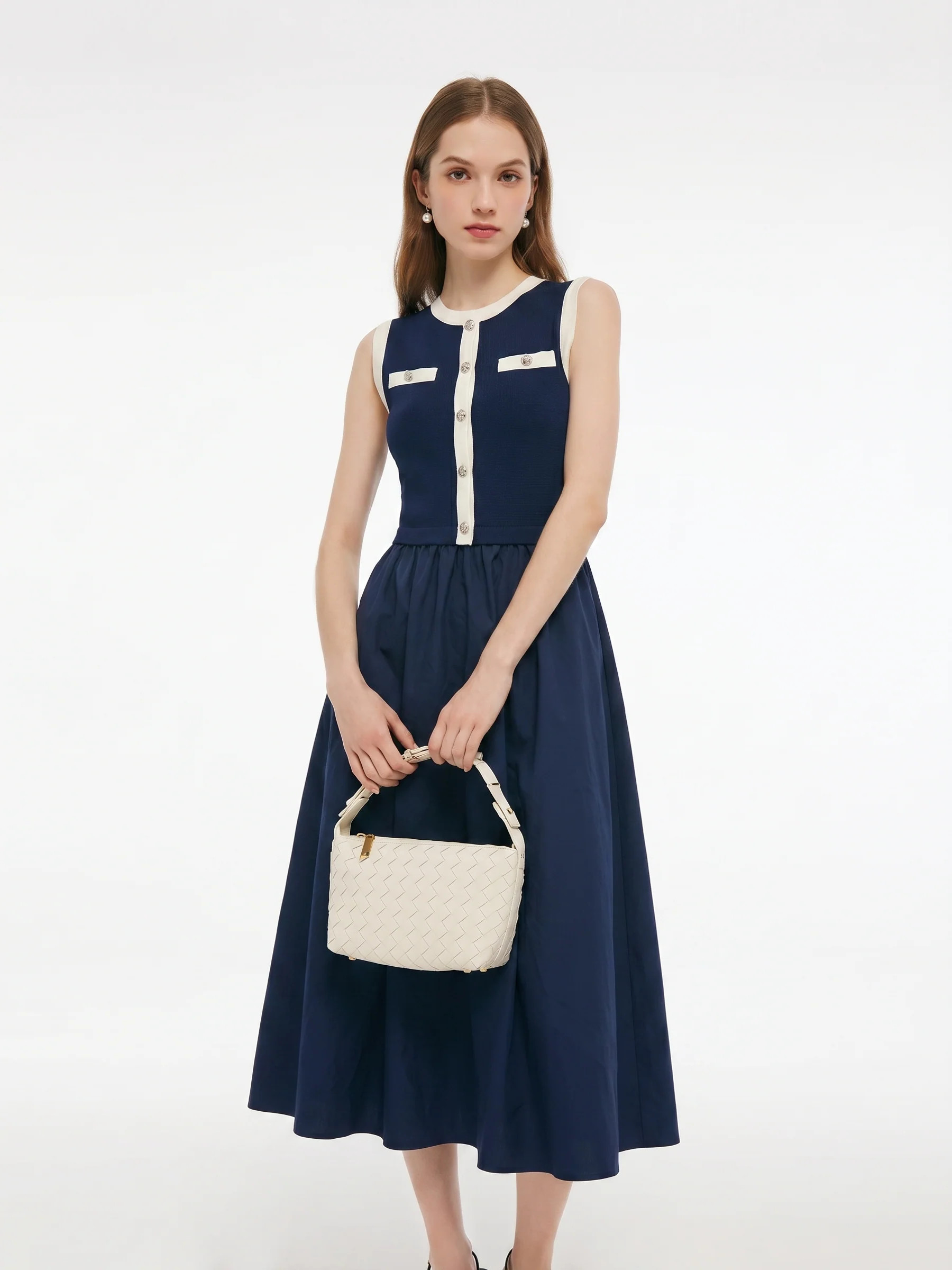 Lyocell Blend Contrast Trim Women Patchwork Sleeveless Maxi Dress | GOELIA