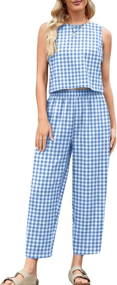 Womens Cotton Gingham 2 Piece Outfit Summer Tank Top Pants Matching Casual Beach Lounge Set | Amazon (US)