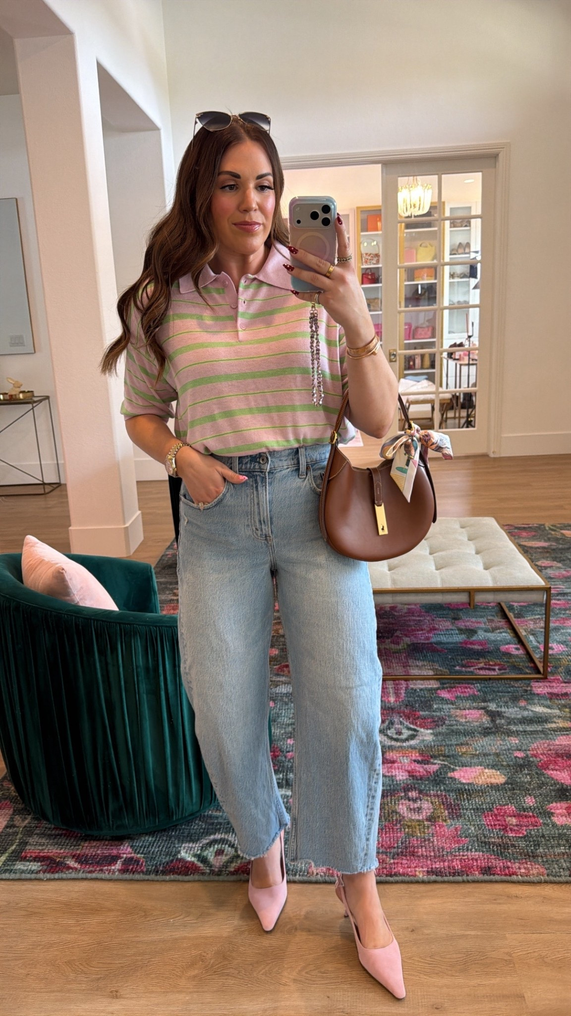 curvy midsize spring casual outfit 🩷💚 wearing size large in pink and green striped polo top (runs big, i could have sized down) and size 29 in light wash barrel denim 

#LTKSeasonal #LTKMidsize