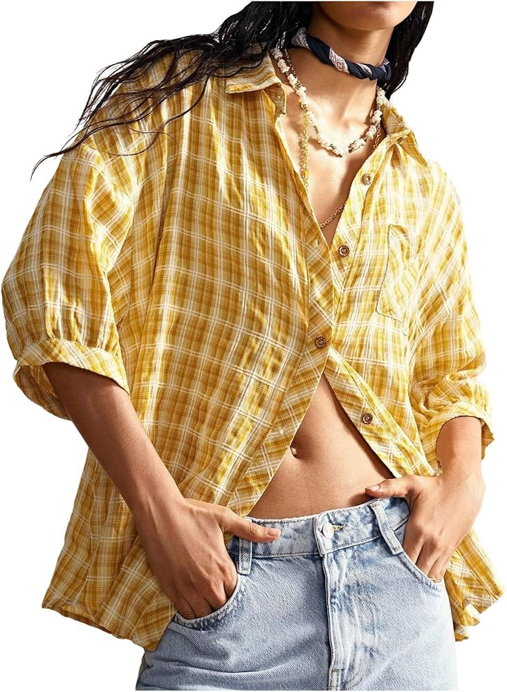 WDIRARA Women's Plaid Button Down Shirts Half Sleeve Blouse Oversized Tops | Amazon (US)