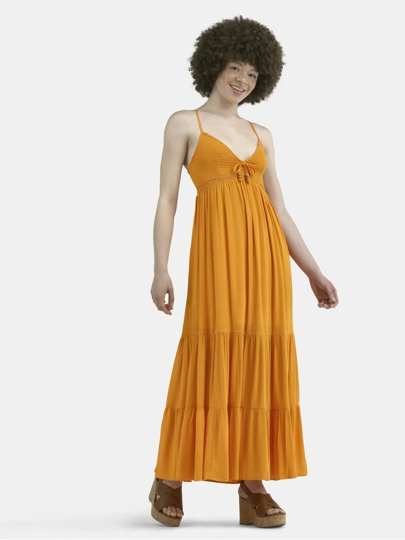 No Boundaries Tiered Maxi Dress with Crochet Lace Trim, Women's | Walmart (US)