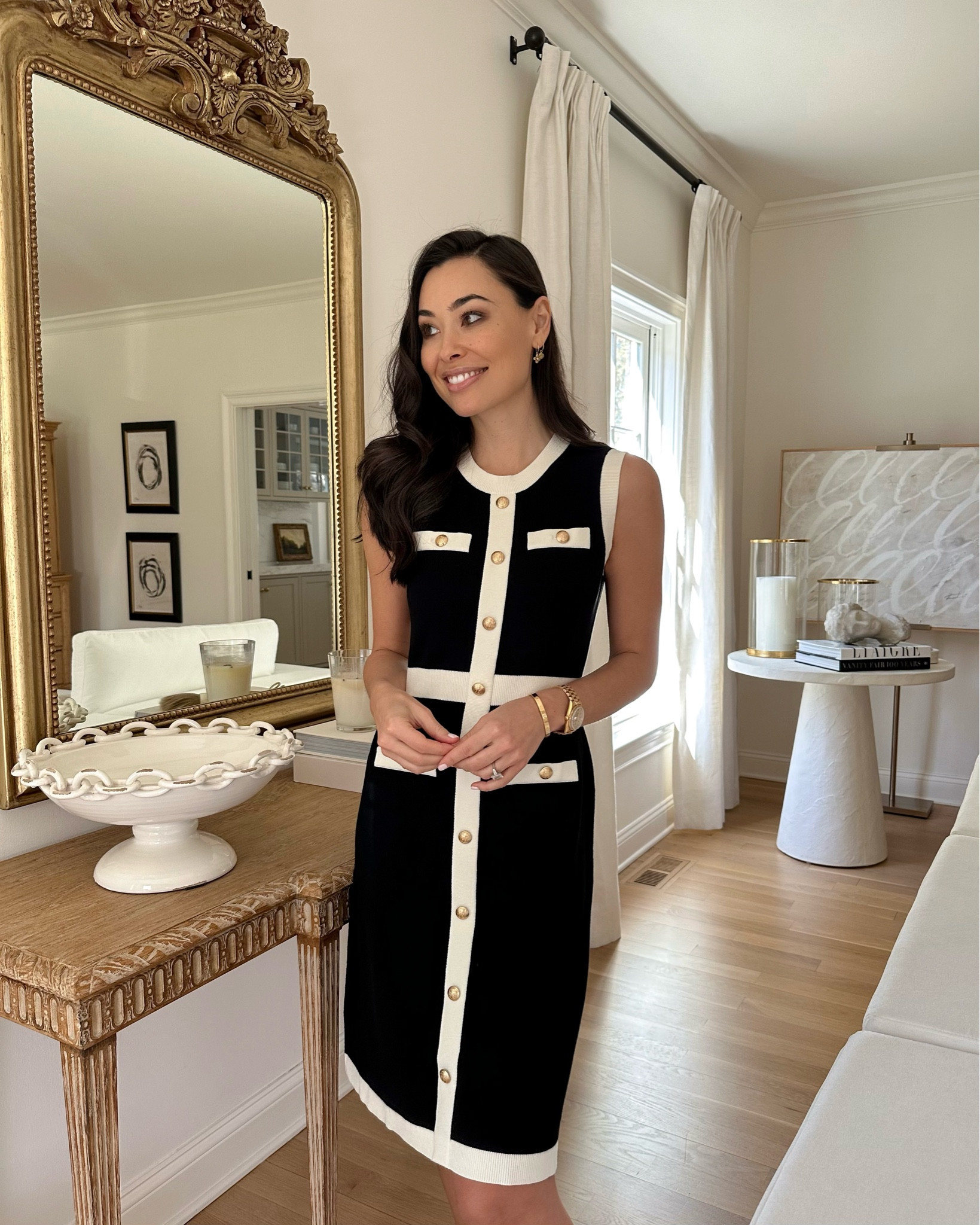 Classic shift dress, workwear, office style, console table, side table, interiors, decor, gold mirror, Josh Young artwork. 

#LTKhome #LTKworkwear #LTKSeasonal