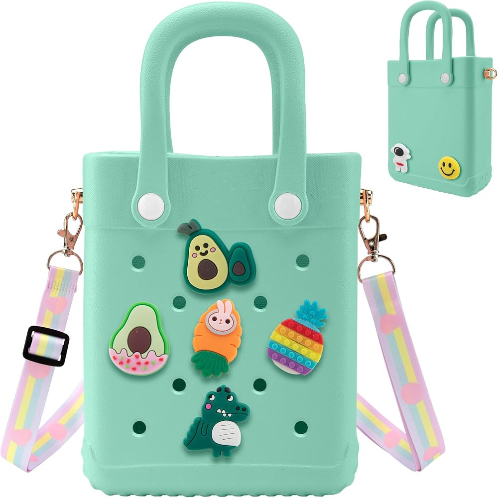 Mini Rubber Tote Bag, EVA Beach Tote with 30 Charms, Cute Bag for Little Girl & Women with Adjust... | Amazon (US)