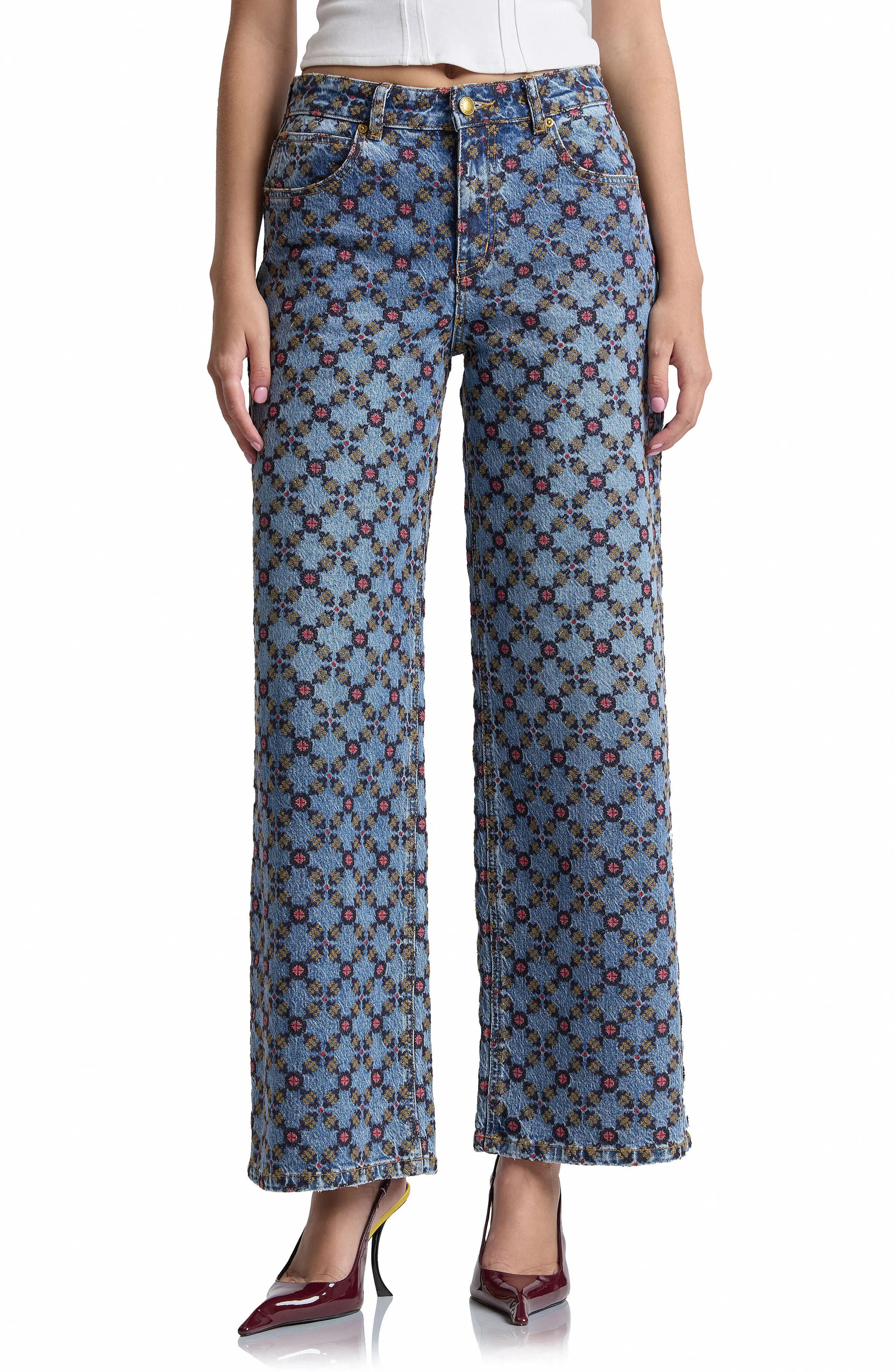 Avec Les Filles Tile Print High Waist Wide Leg Jeans (Women) | Nordstrom | Nordstrom
