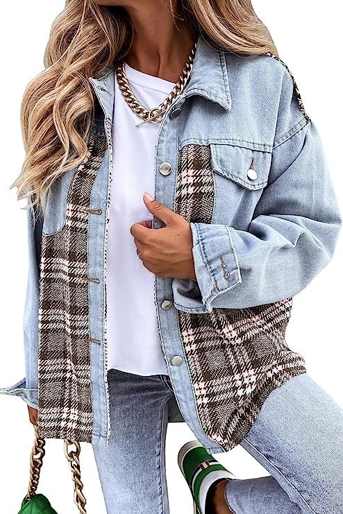SHEWIN Women's Denim Jacket Long Sleeve Plaid Button Down Shirts Shacket Jacket With Pockets Casu... | Amazon (US)