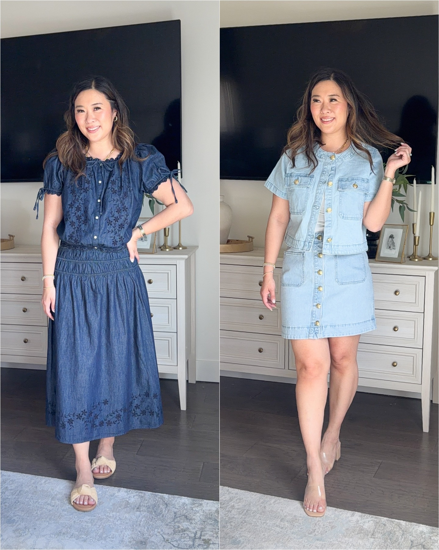 Walmart spring sets 

Brown set: medium
Embroidered top: medium 
Embroidered skirt: small
Light denim jacket: medium
Light denim skirt: 6

#LTKPetite #LTKSeasonal #LTKootd