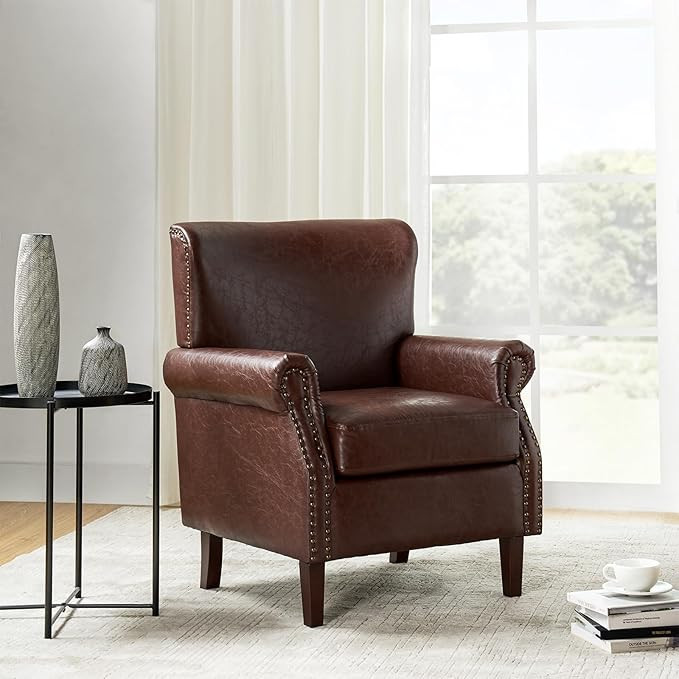 HULALA HOME Faux Leather Accent Chair with Nailhead Trim & Rolled Armrests, Comfy Upholstered Liv... | Amazon (US)