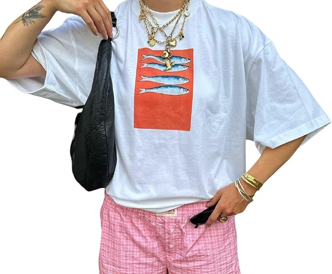 Women Graphic Oversized Tee Y2k Fruit Print Short Sleeve White Top Crewneck Cute Aesthetic Tee Sh... | Amazon (US)