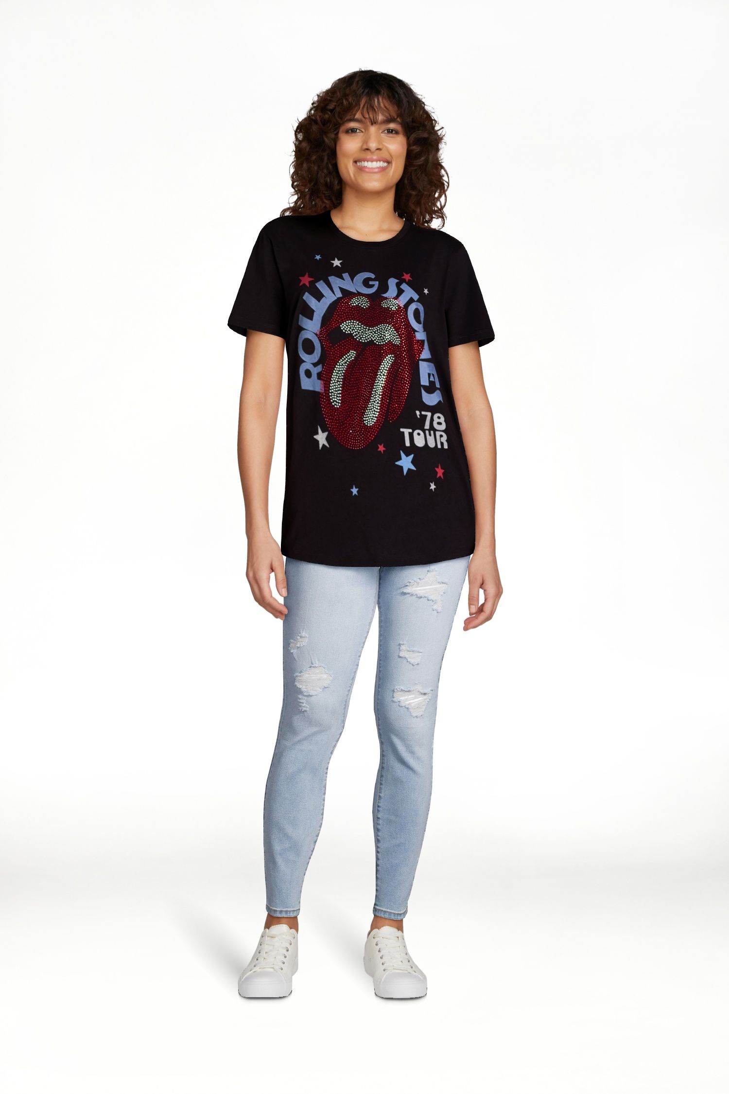 Time and Tru Women’s Rolling Stones Rhinestone Stud Graphic Band Tee, Sizes XS-XXXL - Walmart.c... | Walmart (US)