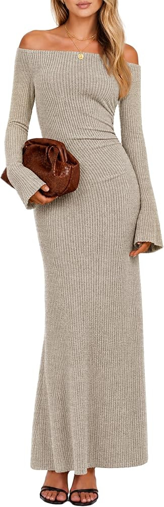 ZESICA Women's Long Sleeve Off Shoulder Fall Ruched Bodycon Knit Dresses | Amazon (US)