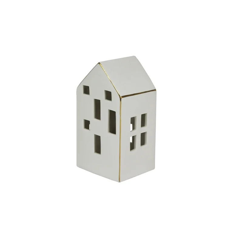 Holiday Time 6." Medium LED Glazed Ceramic Christmas Village House with Gold Edge, White - Walmar... | Walmart (US)