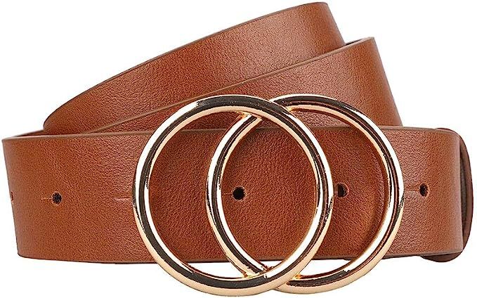 Ifendei Women's Leather Belt with Gold Double O-Ring Buckle for Jeans | Amazon (US)