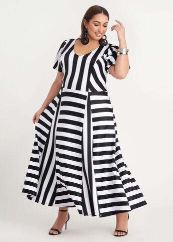 Stripe Puff Sleeve Godet Maxi | Ashley Stewart