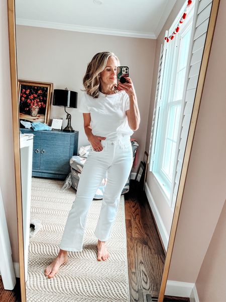 Madewell white jeans! Love these kick out crop - they have a slight flare and are stretchy so they’re more fitted through the thigh. I have my usual Madewell size so they run true to size. (I have a 25P.)

#LTKSeasonal#LTKstyletip#LTKFind