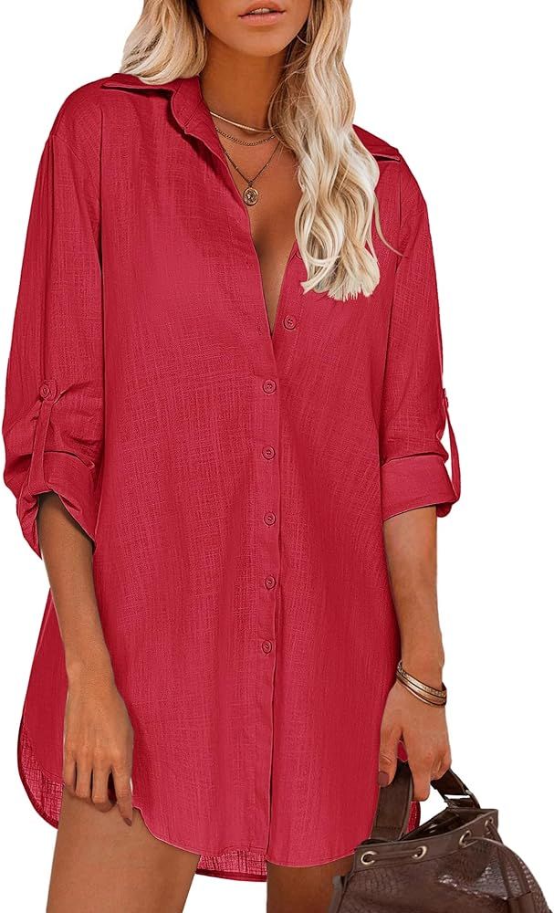 HOTOUCH Women Boyfriend Shirts Button Down Long Sleeve Blouse Cuffed Sleeve Collared Shirt | Amazon (US)