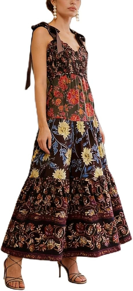 Women Summer Dresses Flowy Smocked Maxi Dress Sleeveless Tie Shoulder Boho Dresses Y2K Floral Bea... | Amazon (US)