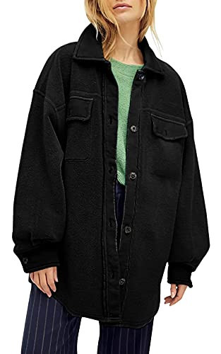 Fisoew Womens Oversized Long Sleeve Button Down Shirt Jacket Soft Comfy Casual Shacket Coats with Pockets | Amazon (US)