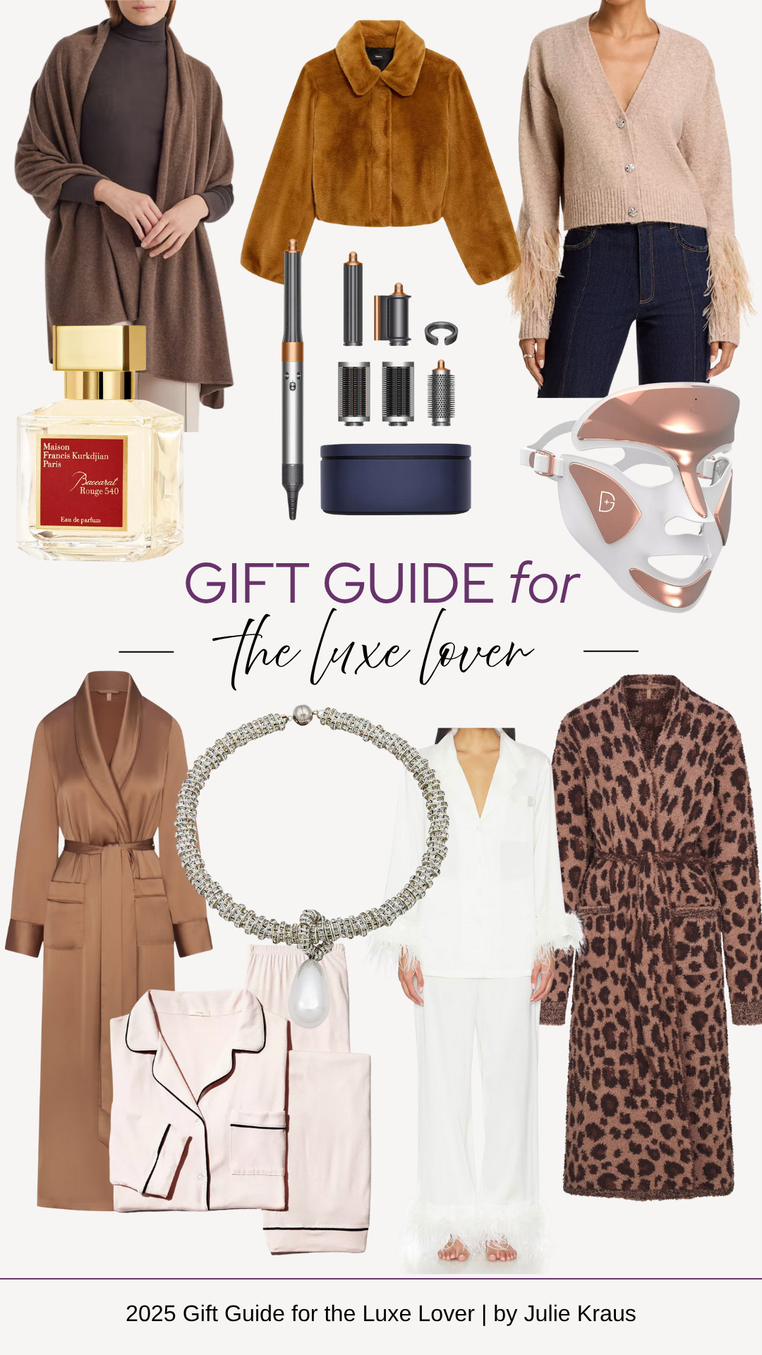 luxury gift ideas, holiday gift guide 2025, elegant gifts for her, pearl drop necklace, luxe sweaters, faux fur jacket, cozy pajamas, LED face mask, eau de parfum, Dyson Airwrap, cashmere poncho, plush robe, high-end beauty, timeless fashion, elevated essentials, luxury holiday picks 

 #LTKGiftGuide #LTKHoliday #LTKSeasonal