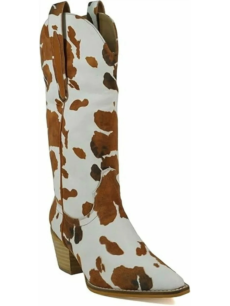ARiderGirl Hanan Women Fashion Western Cowboy Boots Cow Print Stacked Leather Heel and Stitched L... | Walmart (US)