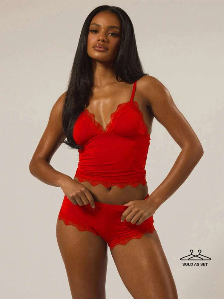 Musera Essentials Triangle Bust Lace Trim and Boxer Short Set | SHEIN