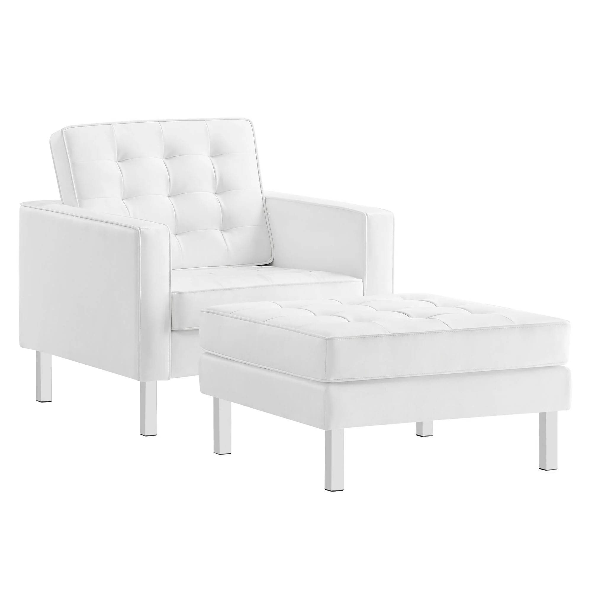 Modway Loft Tufted Vegan Leather Armchair and Ottoman Set in Silver White Stainless Steel one_size | EEI-6409-SLV-WHI-SET | Lowe's
