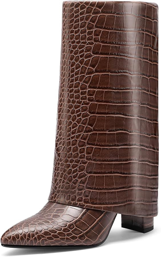 Vaslemuse Women's Mid-Calf Boots Fold Over Chunky Heel Pointed Toe Slouch Riding Boots | Amazon (US)