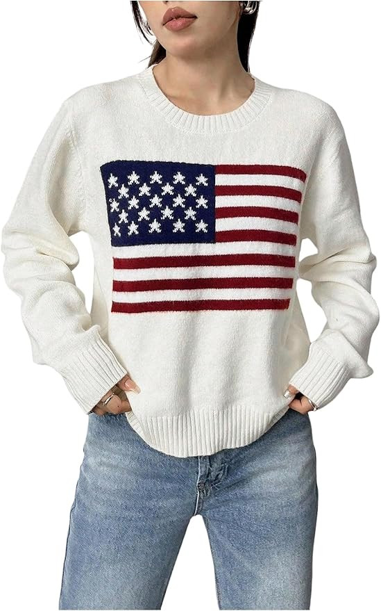 SweatyRocks Women's Flag Pattern Long Sleeve Round Neck Sweater Casual Loose Pullover Sweater | Amazon (US)