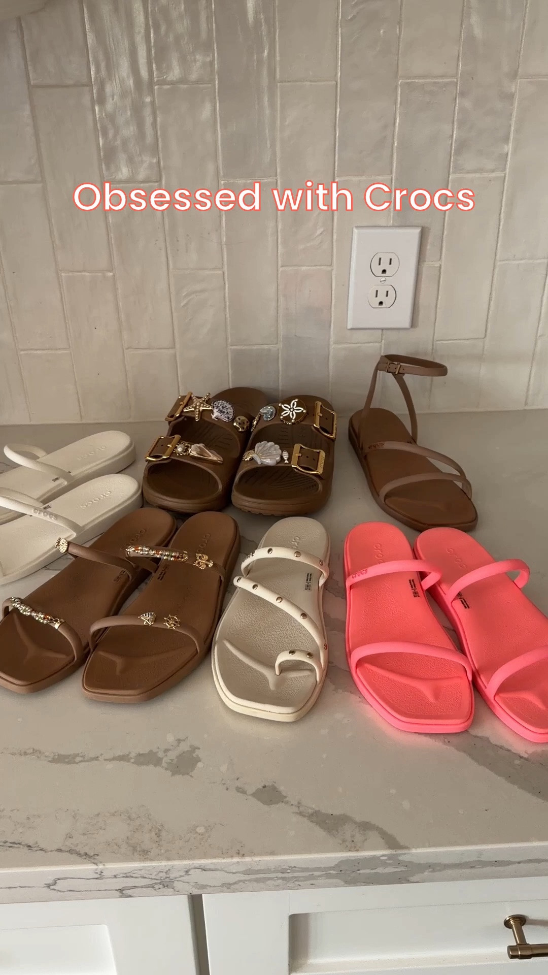 I am truly obsessed with crocs sandals. They are so comfortable and squishy and waterproof and I love that you can add charms to them. The small charms for the Miami strap sandals stay sold out so if you catch them in stock, I would grab them quickly. I do my true size 8 in all of their sandals in every style they do run roomie, but I am an 8 to an 8 1/2 and the seven was too small for me. @crocs #crocs