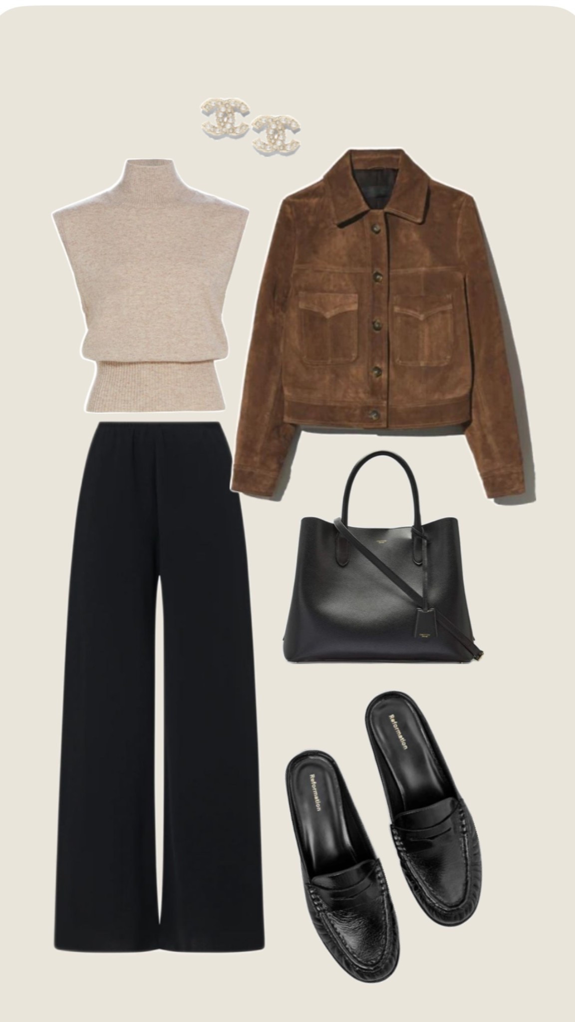 Neutral fall outfit featuring a beige sleeveless turtleneck sweater styled with black wide leg trousers, a brown suede jacket, black leather loafers, and a structured black tote. Elevated everyday outfit, classic neutral style, chic fall outfit idea, polished casual look, timeless wardrobe staples, effortless neutral fashion, black loafer outfit 

#LTKSeasonal #LTKFindsUnder100 #LTKootd