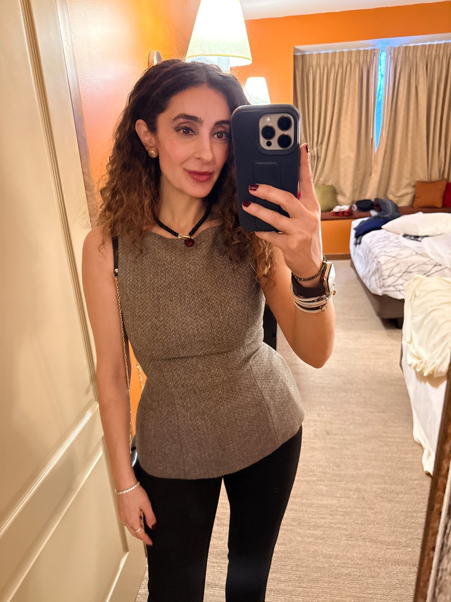 Wearing Reformation top in size 4. Pants very old from Veronica Beard size 4. Necklace from Madewell. Pumps runs true to size from SW. 