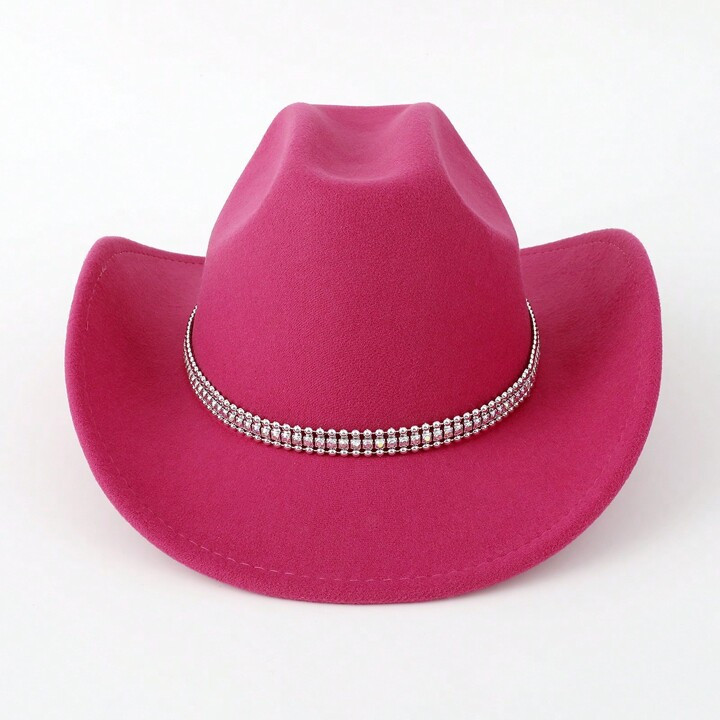 1pc Women's Solid Color Crystal Decorated Cowboy Hat For Western Party, Travel, Street, Festival,... | SHEIN
