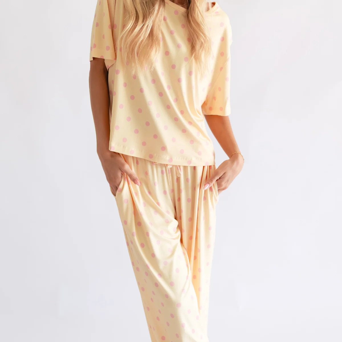 Women's T-Shirt and Pants Set in Yellow Polka Dot | Silks Design