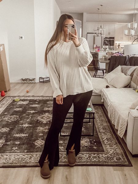 Casual holiday outfit - aerie sweater tts L, split hem flare leggings - tts L tall, Ugg boot look for less tts 9 (if in between size up) 

#LTKSeasonal #LTKstyletip #LTKHoliday