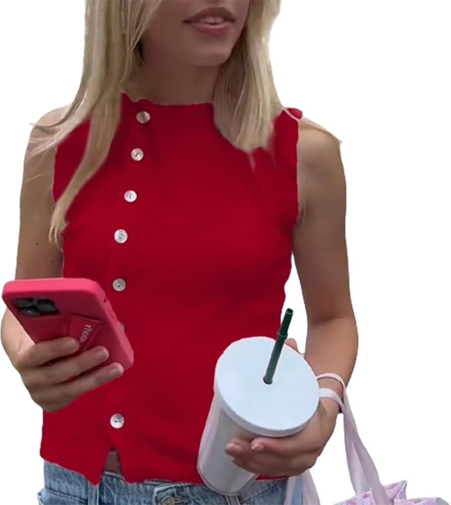 Button Down Vest for Women Open Front Round Neck Knitted Tank Tops Button Up Sweater Vest Cardiga... | Amazon (US)