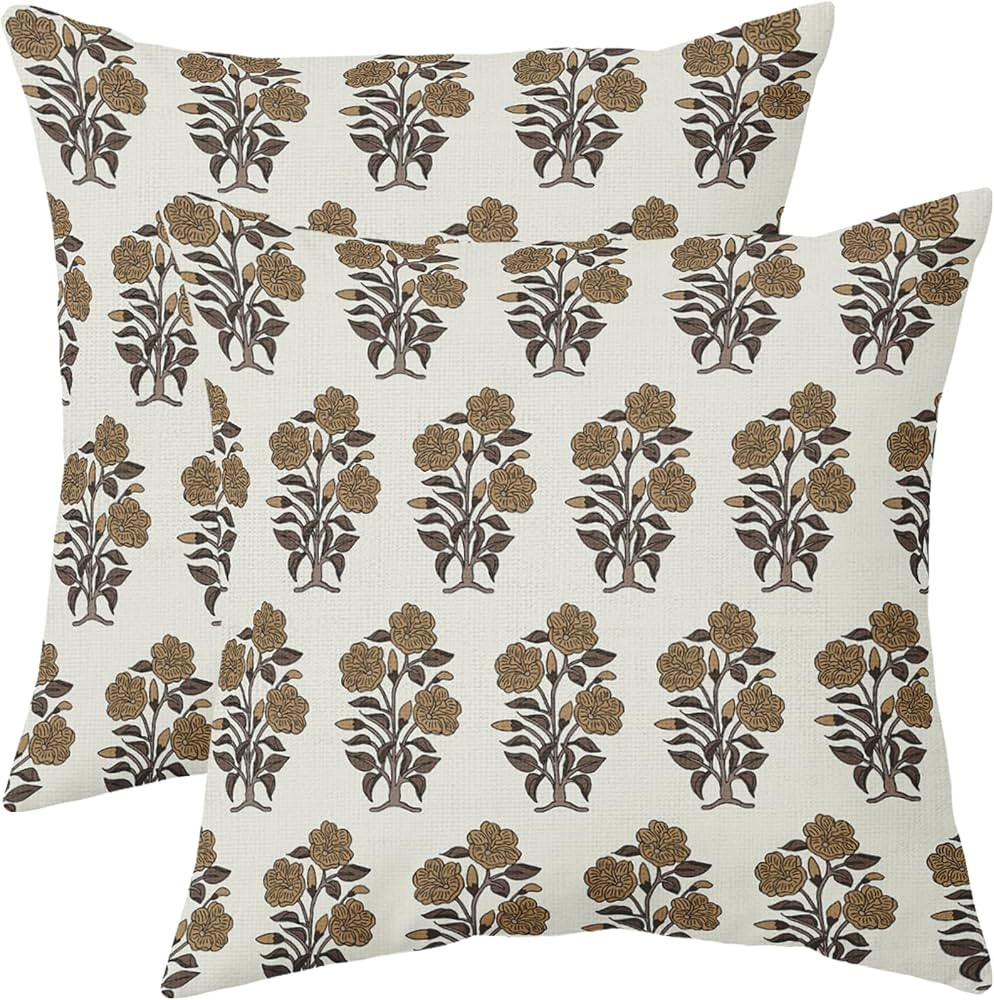 Brown Floral Block Print Pillow Covers 18x18 Set of 2 Chinoiserie Flower Leaves Outdoor Decorativ... | Amazon (US)