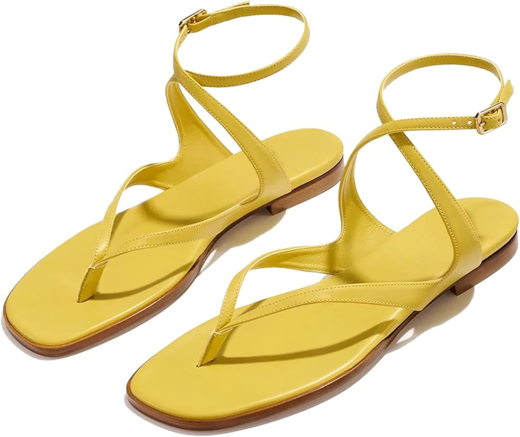 Strappy Thong Sandals for Women Comfortable Square Open Toe Flat Sandals Summer Casual Walking Wr... | Amazon (US)