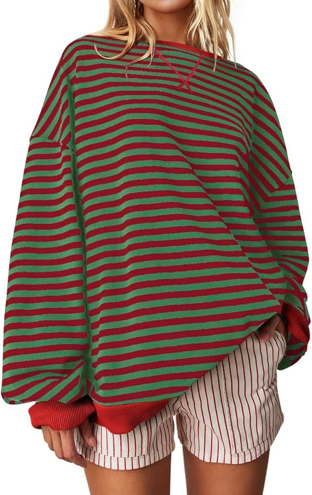 UEU Women Oversized Striped Crewneck Sweatshirt Long Sleeve Color Block Pullover Tops Casual Loos... | Amazon (US)