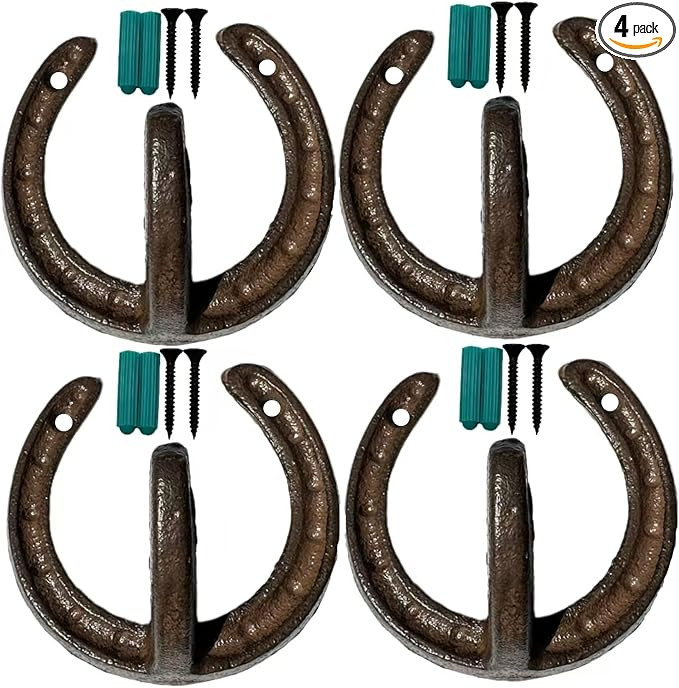 4 PCS Cast Iron Horseshoe Wall Hooks, Vintage Farmhouse Decorative Hooks for Coats, Hats&Towels, ... | Amazon (US)