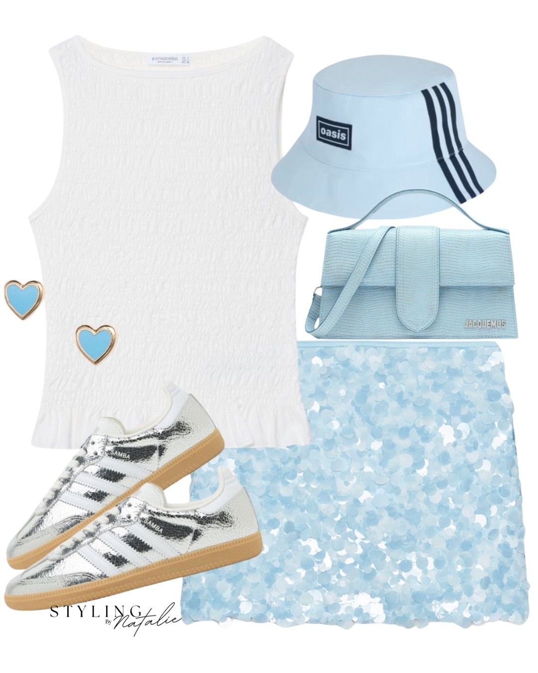 Oasis concert outfit 🩵
White shirred top, blue sequin mini skirt, Adidas originals x Oasis bucket hat. Metallic Adidas Samba trainers & blue crossbody bag. Summer concert look, comfy shoes, Zara, festival, summer hat.

#LTKsummer #LTKfestival #LTKuk