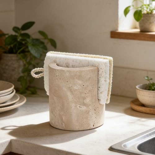 Natural Travertine Sponge Holder for Kitchen Sink Counter w A Plant-Based Kitchen Sponge, Fast Drying, Durable, Compact, Wabi-Sabi & Unique Sponge Caddy, Sink Organizer, Beige Travertine Decor | Amazon (US)