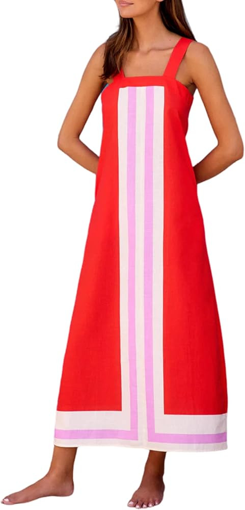 Ailoqing 2025 Women Bohemian Floral Dress Summer Casual Color Block Maxi Beach Overall Dress Cove... | Amazon (US)
