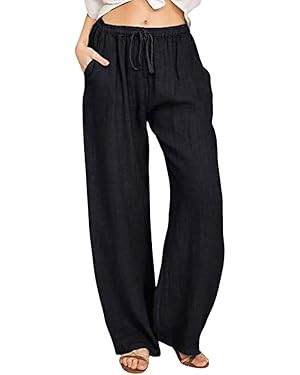 chouyatou Women's Summer Loose Drawstring Waist Beach Linen Wide Leg Pants Palazzo | Amazon (US)
