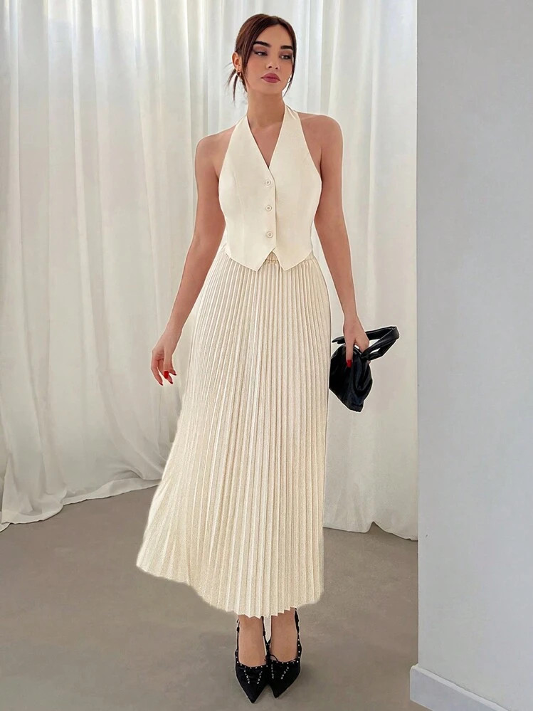 Aloruh 2pcs Set Women Valentine's Day Halter Neck Single Breasted Vest And Pleated Skirt | SHEIN