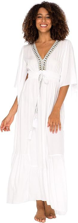 Back From Bali Womens Long Sundress Flowy Boho Beach Maxi Dress with Beaded Deep V Neck, Casual S... | Amazon (US)